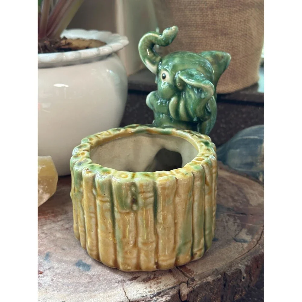 Vintage Ceramic Elephant Planter | Green Glazed Elephant & Bamboo Pot | Boho Jun